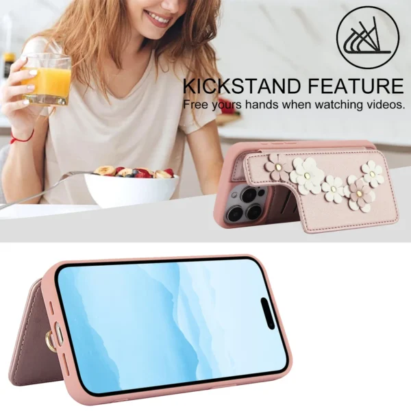 Crossbody Cards Solt Wallet Leather Case For iPhone 15 16 Pro Max 14 13 12 11 XR XS 7 8 Plus SE 2022 3D Flower Wrist Strap Cover - Image 3