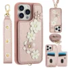 Crossbody Cards Solt Wallet Leather Case For iPhone 15 16 Pro Max 14 13 12 11 XR XS 7 8 Plus SE 2022 3D Flower Wrist Strap Cover