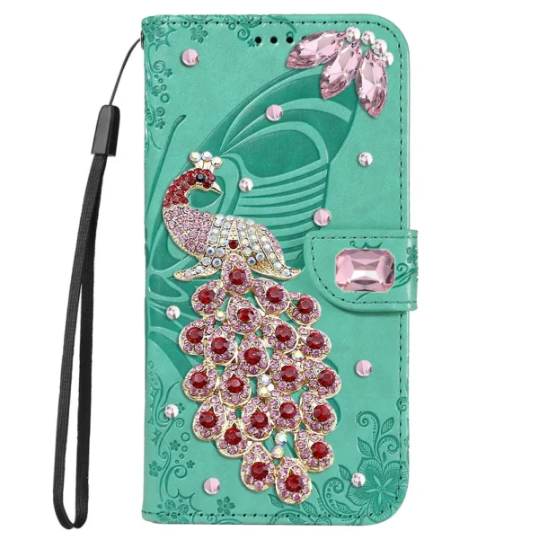 Peacock Diamond Leather Phone Case Bag for iPhone 16 15 14 13 12 11 Pro Max Plus Flip Wallet Coque Butterfly Lanyard Cover - Image 2